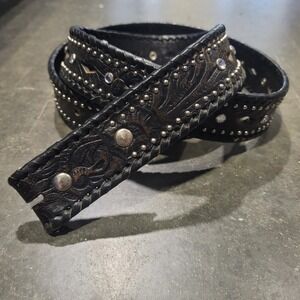 Black Leather Belt XL Black Studs Rhinestone Western Tooled Cowgirl Whipstitch